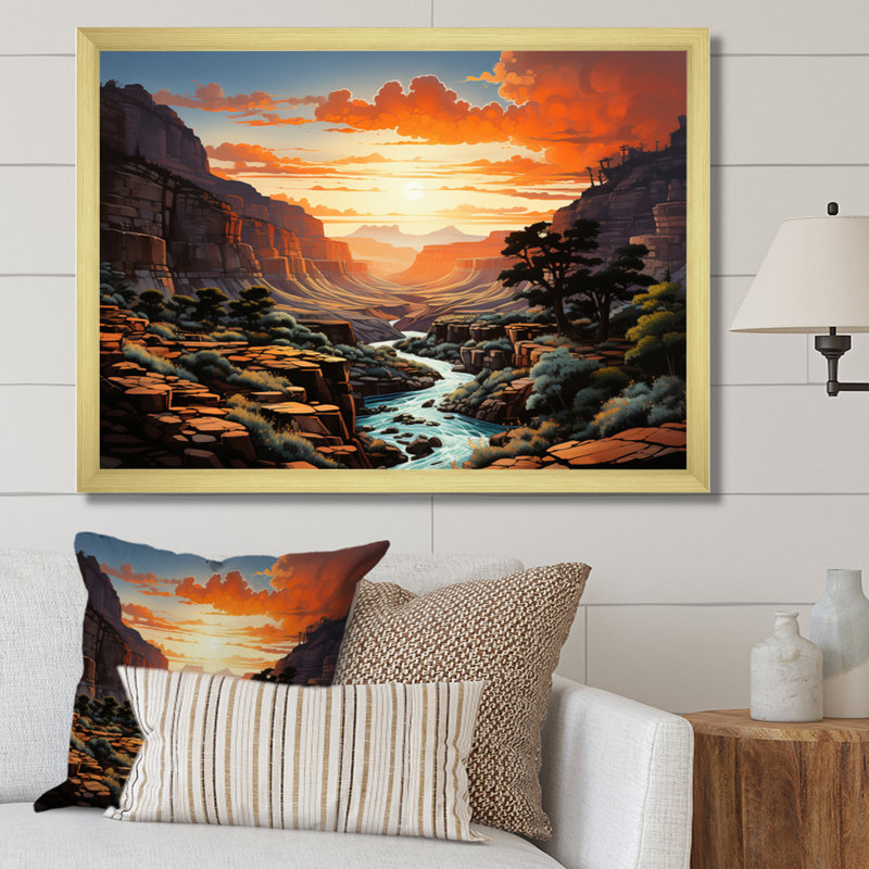 Canyon - pointillisme vertical - impression, H 16 po x l 32 po x P 1 po, Encadrement doré