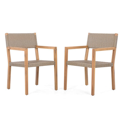 Outdoor Dining Chairs Set Of 2, Light Teak Acacia Wood Frame And Multi Light Brown PE Wicker, Ideal For Patios, Gardens