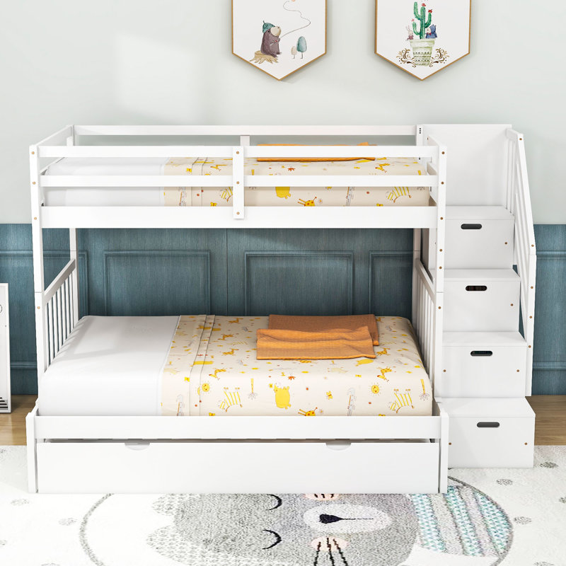Eizabeth Twin Over Full 4 Drawer Standard Bunk Bed with Trundle and Shelves by Harriet Bee, White