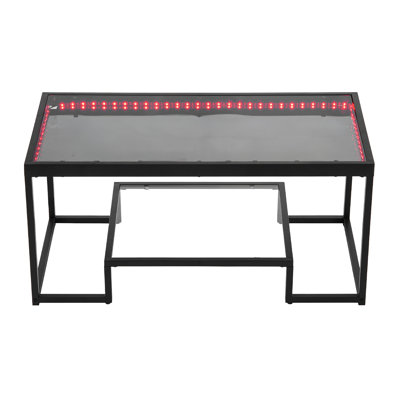 Coffee Table, Modern Tempered Glass Coffee Table with Lighting, 2 Tiers Rectangle Glass Center Desk with Open Storage, Minimalist Metal Accent End Desk for Living Room, Office, Easy Assembly