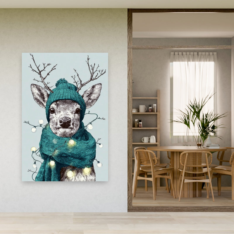 Cozy Winter Deer Whimsical Contemporary Deer Portrait Winter Wall Art Print 1 Piece Wrapped Canvas Wall Art