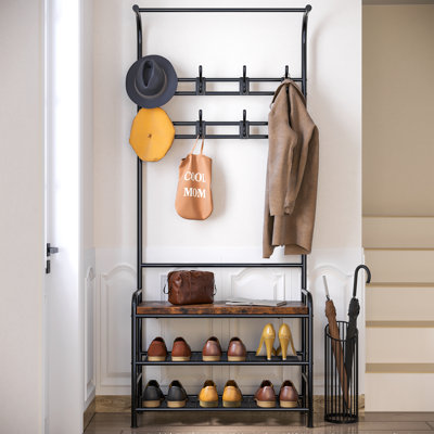 Entryway Hall Tree in Retro Brown -  Freestanding Coat Rack with Shoe Storage Bench. 3-Tier Shelf. Hanging Rod and 8 Adjustable Hooks for Entry Area.