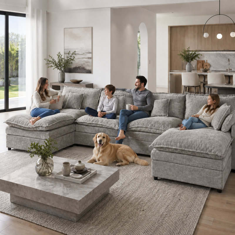 Canapé modulaire en chenille de 142 po avec repose-pieds et siège profond 142 po, Gris