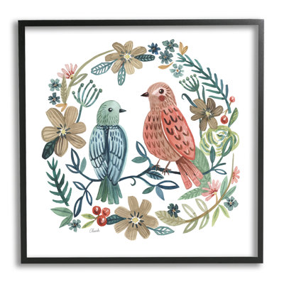 Stupell Industries Birds Perched Natural Floral Wreath By Cherish Flieder - Floater Frame Graphic Art On Wood In Midnight Black Framed Giclee
