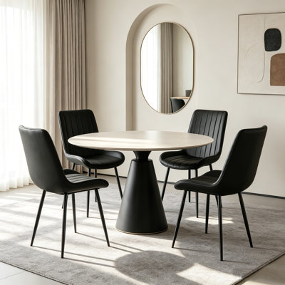 Modern Dining Chairs Set of 4, Upholstered Faux Leather Kitchen Chairs with Vertical Stitching Backrest, Metal Legs Armless Side Chairs, Mid-Century Modern Accent Chairs for Dining Room Kitchen Living Room, Dark Gray / Beige Optional