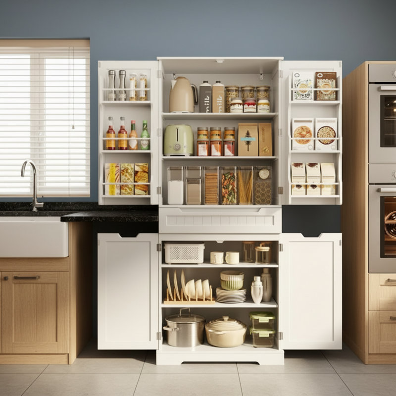 Armoire de rangement blanche avec portes et tablettes, idéale pour la cuisine et la salle de bain.
