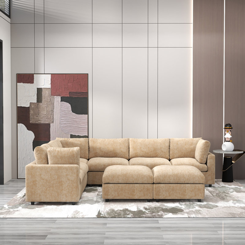 Kessi 8-Piece Upholstered Modern Chenille Fabric Modular Sectional Sofa With Ottoman, Khaki Chenille
