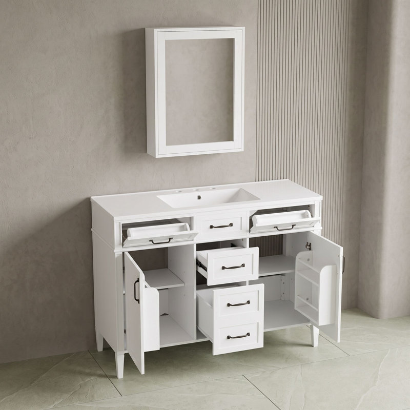Armoire de meuble-lavabo 48 po avec lavabo, tablettes réglables, 4 tiroirs et 2 portes à fermeture en douceur, White