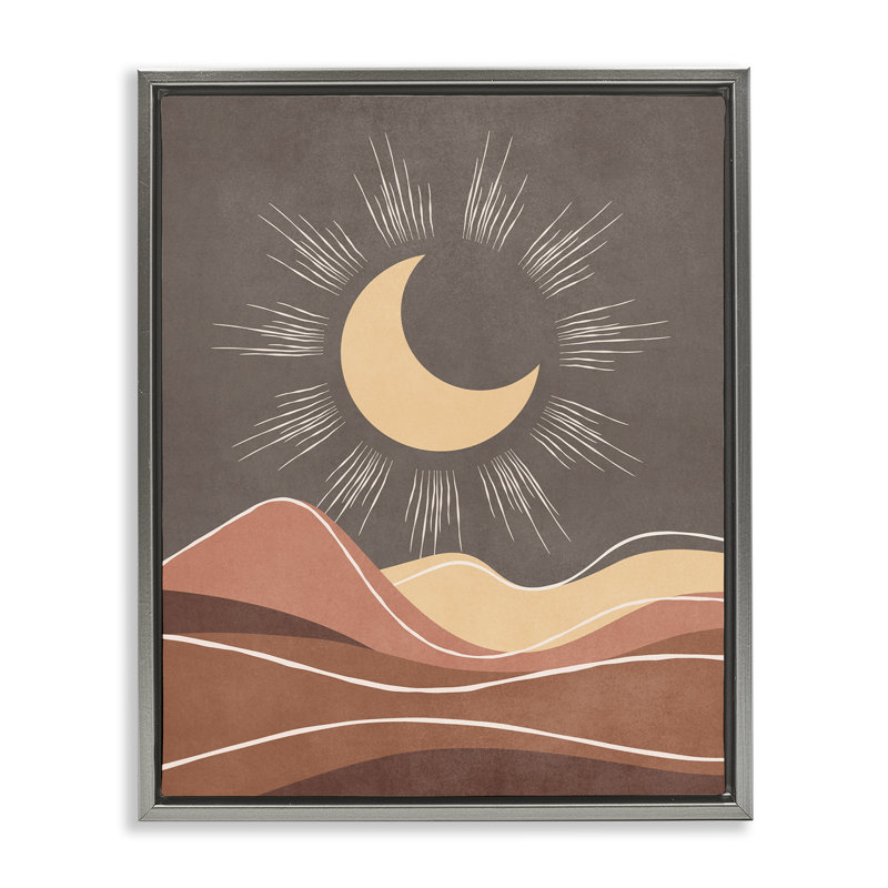 «Boho Moon over Desert», art mural encadré noir sur toile flottante par Nataly White, H 31 po x l 25 po