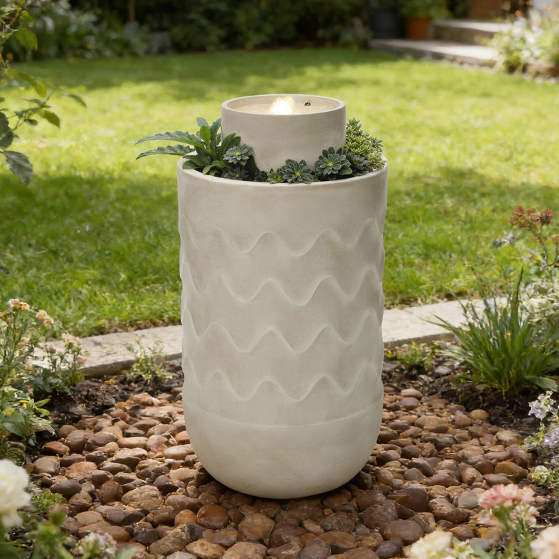 Outdoor Lighted Polyresin Fountain with Planter, Decorative Garden Accent