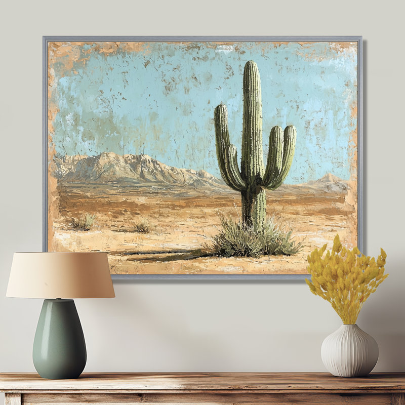 Cactus dans le désert I - art mural cactus, H 34 po x l 44 po, Cadre flottant, Argent argent