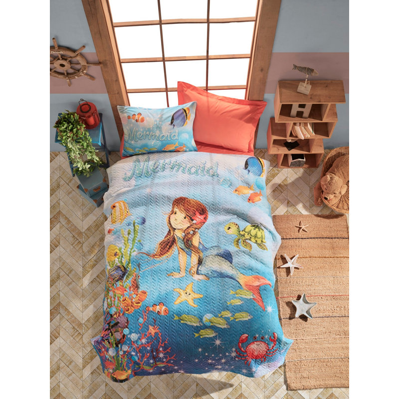 Ensemble de housse de couette 100% coton bleu, orange et vert Natalie