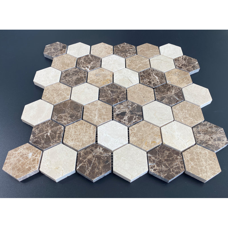 Honeycomb 2" x 2" Honeycomb Mosaic Wall & Floor Tile, Dark Emperador / Light Emperador / Cream Marfil