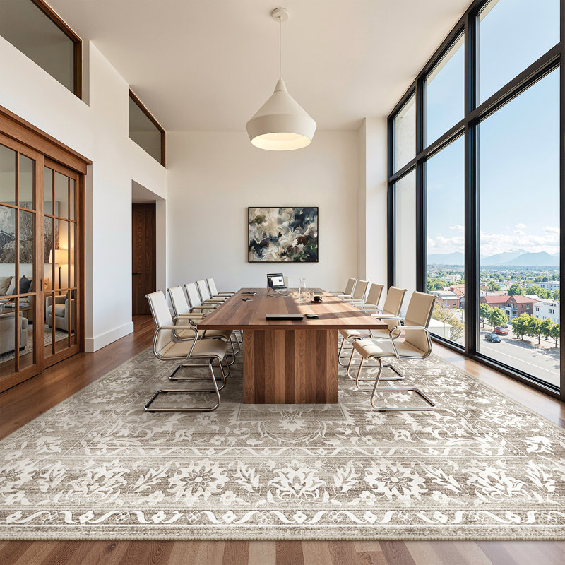 Machine Washable Floral Non Slip Indoor Area Rug, Beige, Rectangle 60 x 120cm