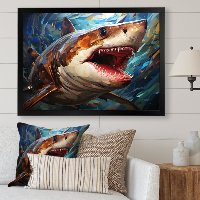 " Blue Shark Predators Glare Geometric II ", 16" H x 32" W x 1" D, Black Single Picture Framed