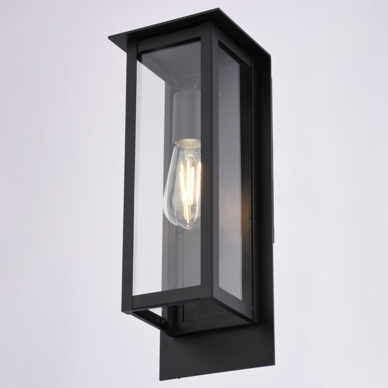 Burr Ridge 14 In. H 1-Light Matte Black Contemporary Outdoor Wall Sconce Made Of Durable Steel, Clear Glass Shade, LED Compatible, Use For Exterior Porch Patio Front Door Or Garage