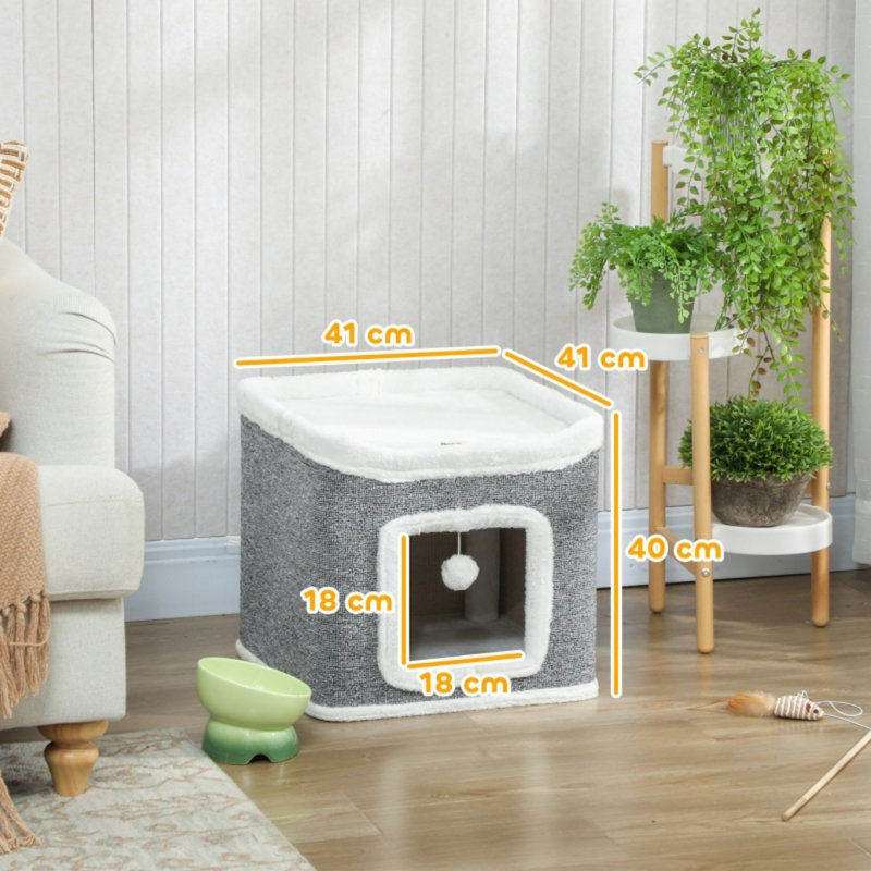 2‑Level Cat Cave Bed Cat House with Top Bed & Fluffy Balls, Grey