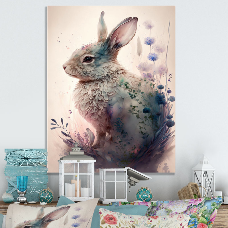 «Cute Rabbit FloralIV», impression sur toile tendue, H 32 po x l 16 po x P 1 po