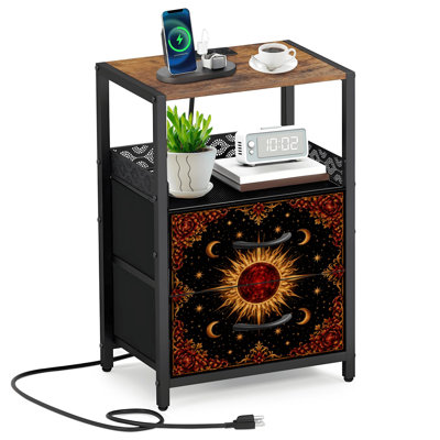 2 Fabric Drawers Night Stand with Charging Station Celestial Sun Moon Design Stars Cosmic Elements Bedroom Bedside Table End Table with Open Shelf USB Ports and Outlets