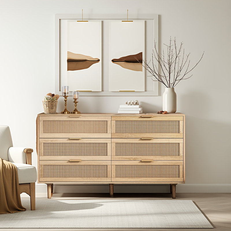 Commode de rangement moderne avec commode en rotin - 6 tiroirs profonds, texture naturelle pour le salon / la chambre à coucher