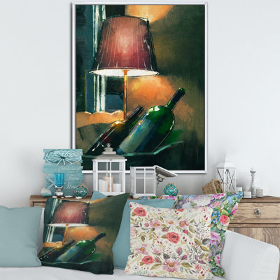 «Wine Bottles and Lamp Glowing Orange in the Night», peinture sur toile