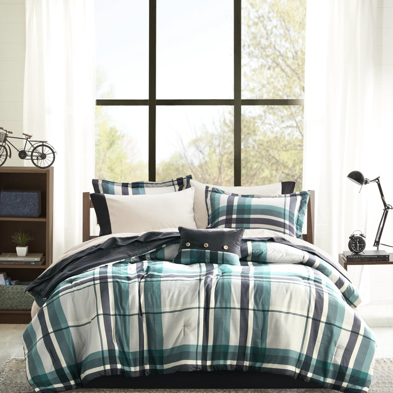 7 Piece Twin Plaid Comforter , Bed Sheets, Microfiber Material, Fill, - Labeled Textile And Sheet Teal/Black Plaid, Filling,