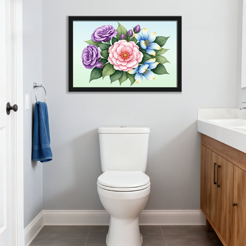 Bouquet de plantes et de fleurs avec fleurs roses, mauves et bleues, H 24 po x l 36 po, Toile tendue, Ne s’applique pas