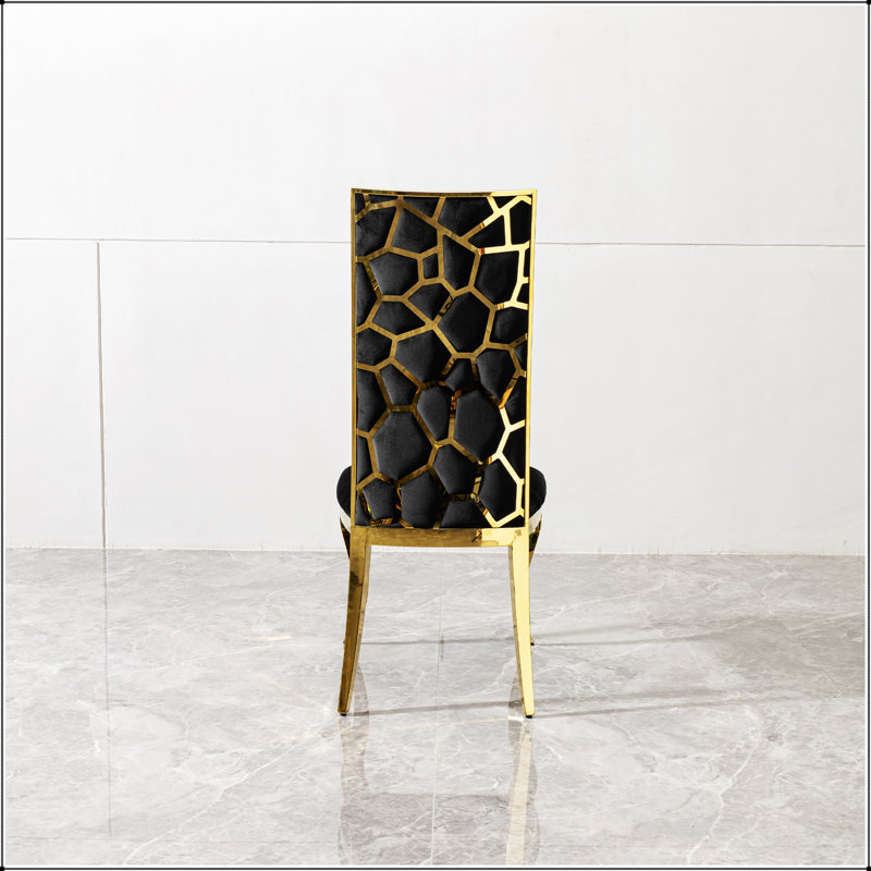 Chaise de salle à manger en velours noir avec dossier au design unique, ensemble de 2, pieds en acier inoxydable doré miroir
