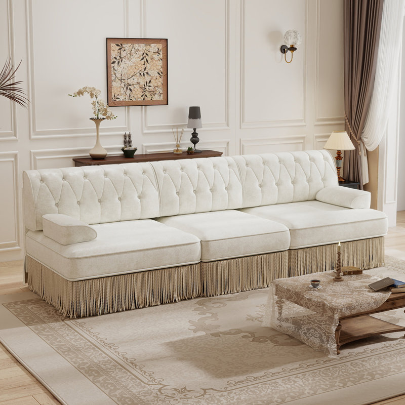 Luxuriously Velvet Comfy Sectional Sofa,3-Seater Chesterfield Sofa With Tufted Design Andtassel Fringe Skirt, Beige