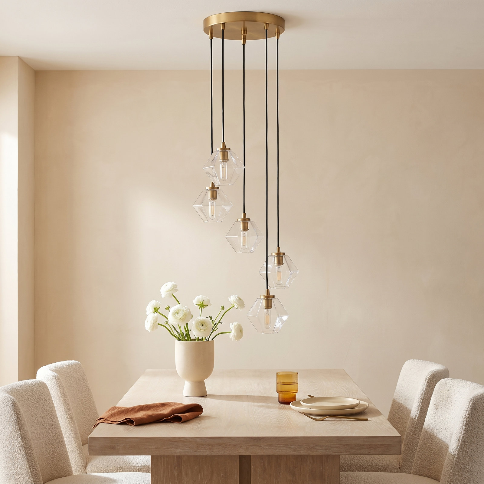 Marseille 5-Light Chandelier, Transparent, Natural Brass
