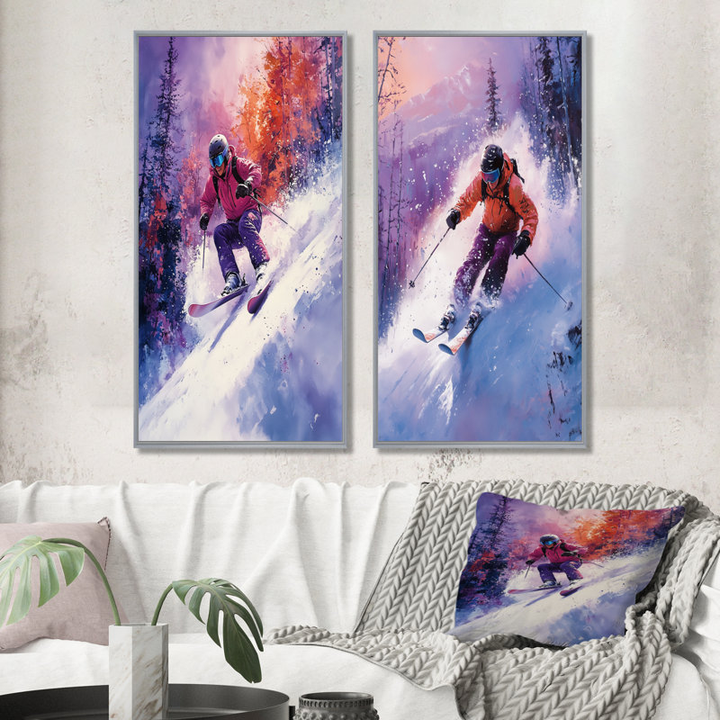 Ensemble de 2 pièces d'art mauve «Slopestyle», H 32 po x l 32 po, Encadrement argenté
