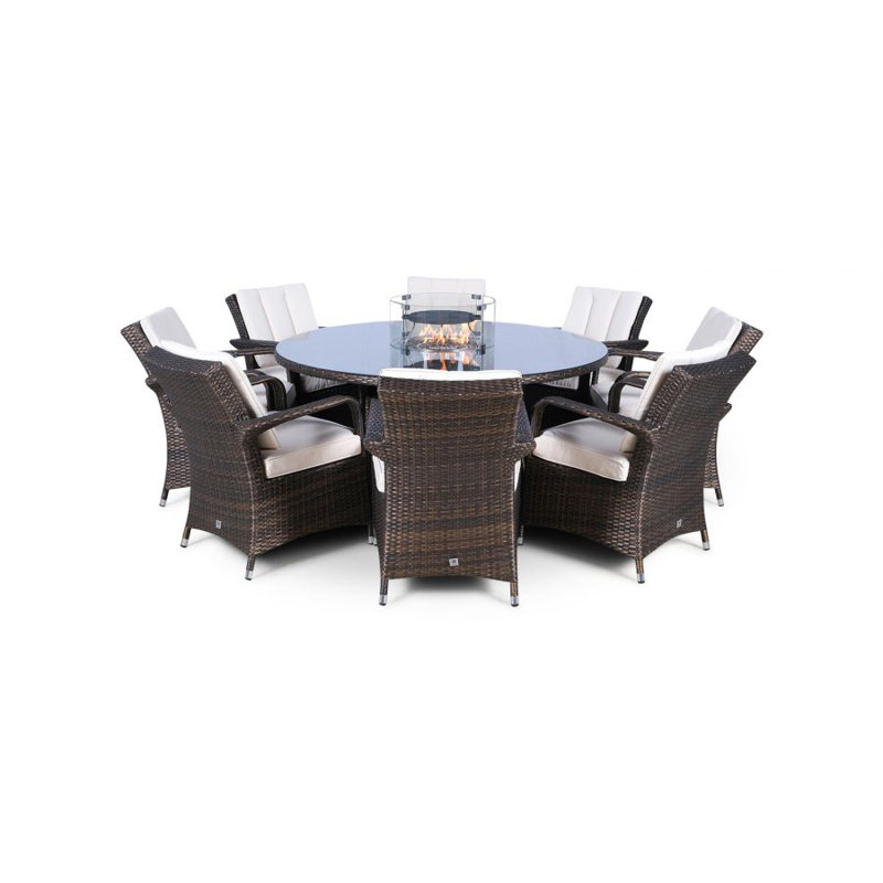 Otero 8 - Person Wicker Patio Dining Set with Round Table , Cushions Included, Brown, Beige