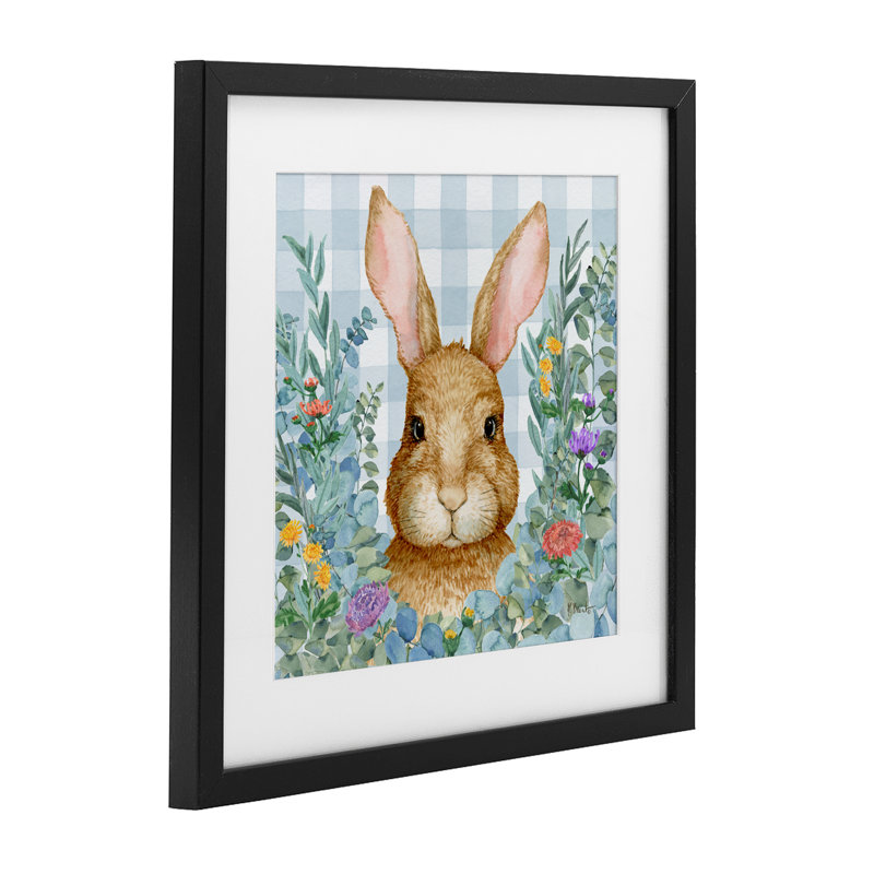 «Rabbit Laurel on Gingham», reproduction sous verre encadrée, design par Paul Brent, H 16 po x l 16 po, Cadre noir minuit