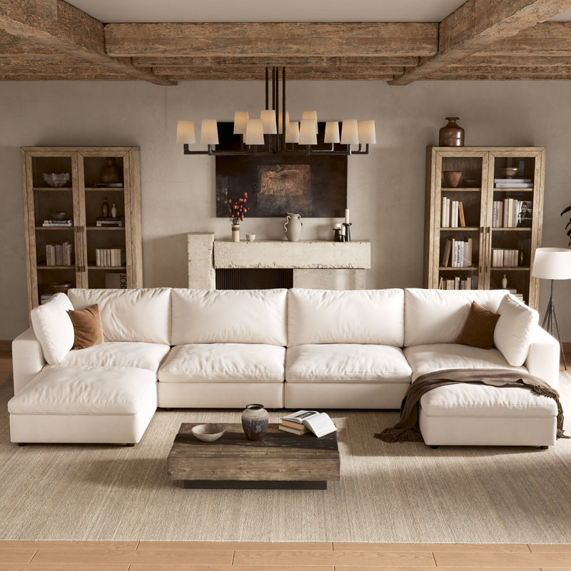 Canapé modulaire rembourré 6 pièces avec rangement 142 po 6 pièces, Lin blanc, H 37,6 po x l 142 po x P 64 po