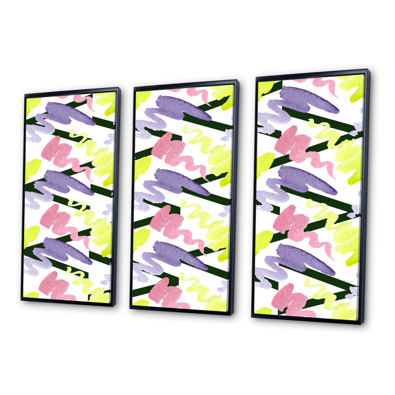 «Yellow Purpule» et «Zig Zag» rose abstraite - reproduction de cadre flottant sur toile 3 pièces, H 28 po x l 36 po x P 1 po