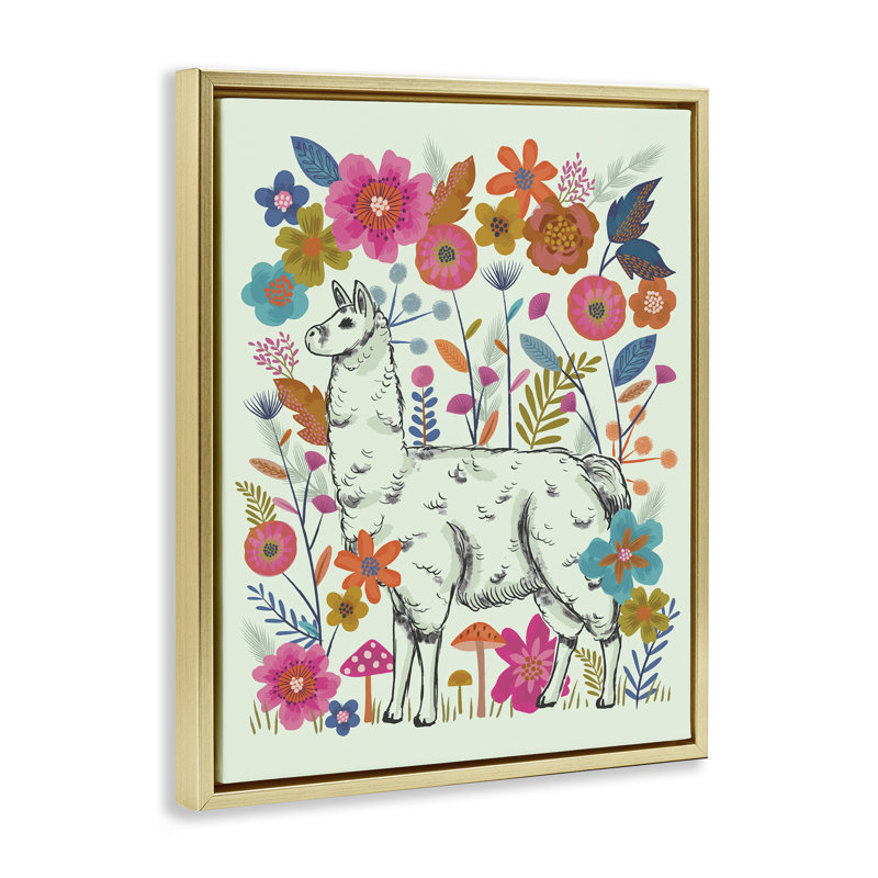"Lama parmi des fleurs lumineuses", art mural encadré par Lisa Perry, Cadre flottant métallique doré, H 21 po x l 17 po