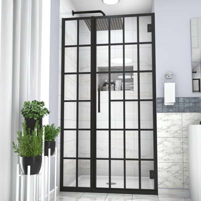 Matte Black 34" W X 72" H Pivot Shower Door With Glass. Revolutionize Bathroom Style. Tempered Hassle- Cleaning. Professional Installation Advised Pattern Glass In Black. Create An Elegant Bathroom.