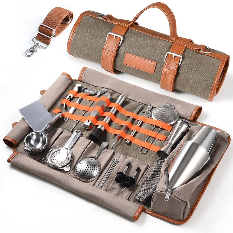 Travel Bartender Kit – 22-Pc Bartending Kit With Bar Tools Bartender Accessories, Waxed Canvas Tool Bag – Professional Stainless Steel Bar Tools Set With Standard Jigger, Unbreakable Squeezer