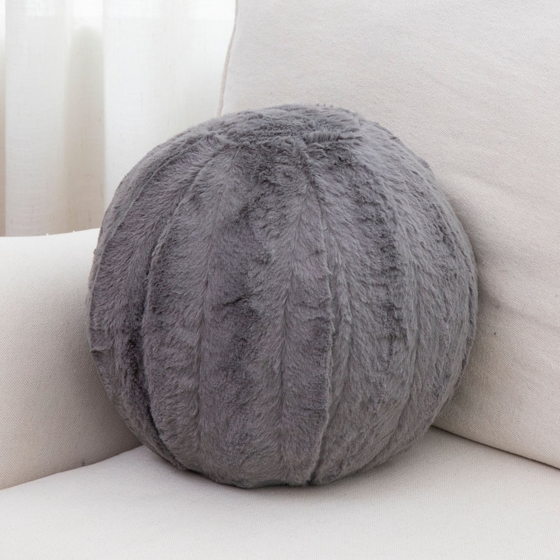 Gray 10-Inch Round Faux Fur Ball Throw Pillow