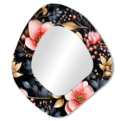 Lainey Crystal Bloom Floral pattern II - Floral Unique Shape Large Wall Mirror, Pink Asymmetrical Decorative Mirror, Printed Metal Art