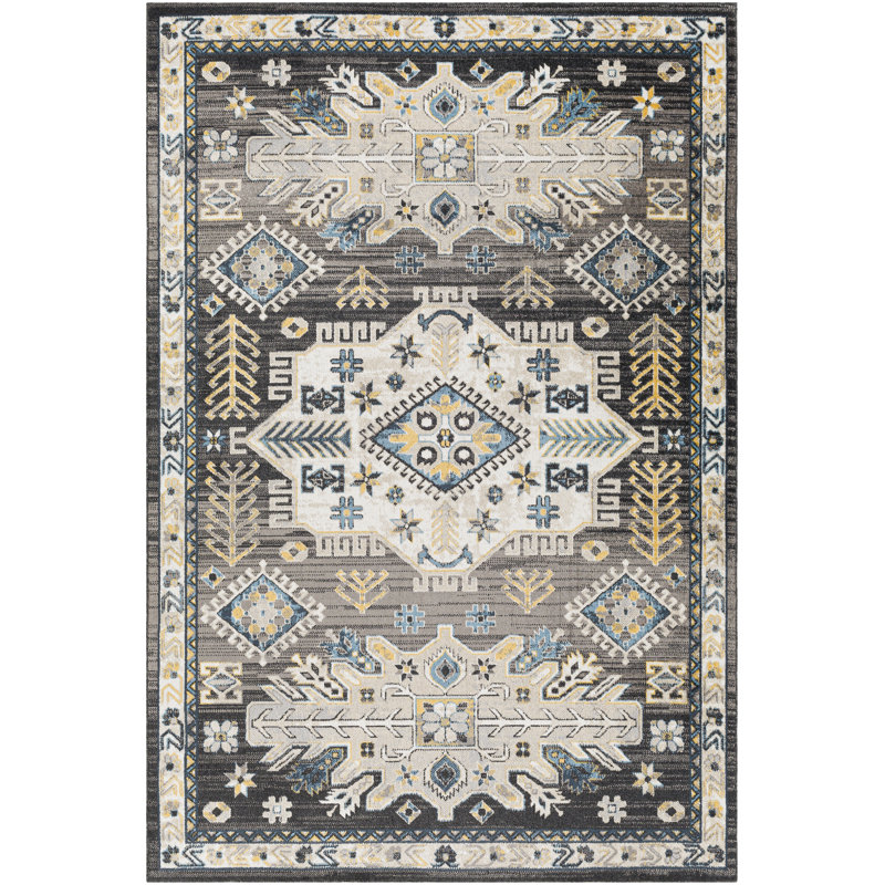 Tapis oriental noir / bleu / blanc tissé à la machine, Rectangle 6 pi 7 po x 9 pi