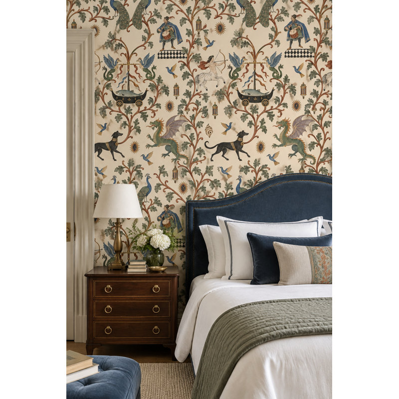 Mythical Creatures And Birds Wallpaper Muted Green Ornamental Pattern, Peler et coller