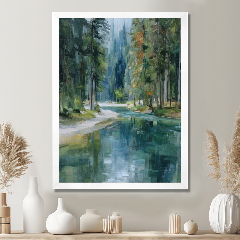 «Pine Trees Fraser River Calming Current», art sur toile, paysage vert, H 32 po x l 24 po, Cadre photo unique, Blanc
