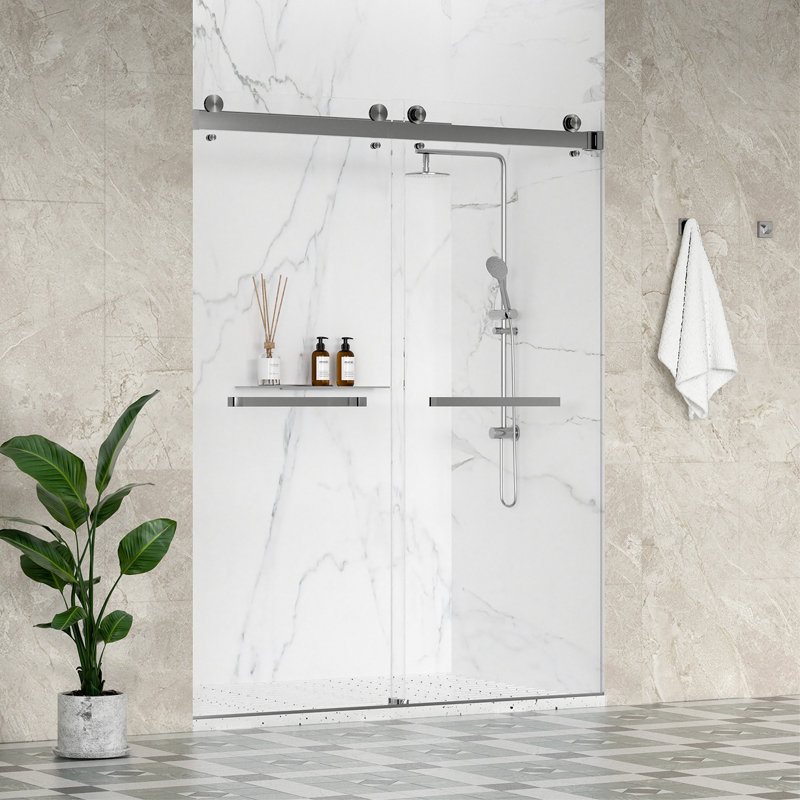 Catalyst 68"- 72" W X 79" H Double Sliding Frameless Shower Door In Brushed Nickel With 3/8" Clear Glass, Brushed Nickel