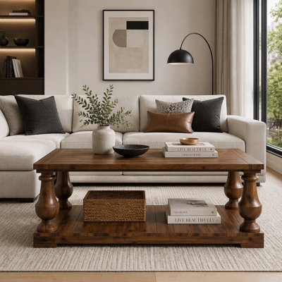 Coffee Table with Storage Shelf, Solid Wood Turned Legs,2-Tier Rustic Wood Center Table