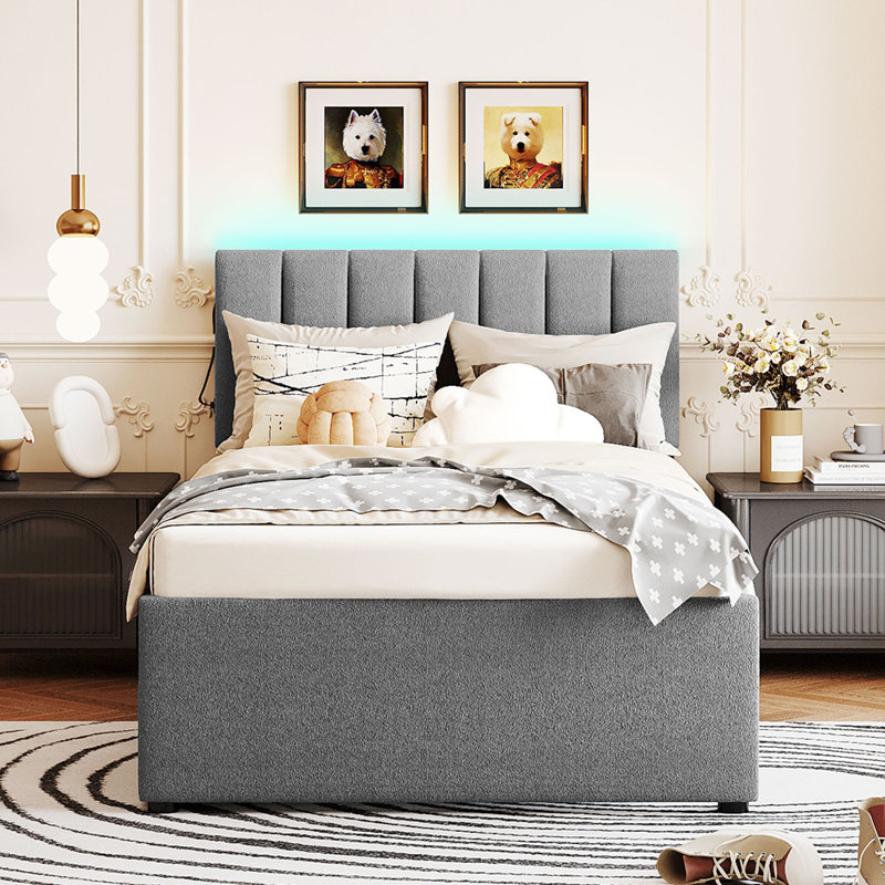 Lit plateforme tapissier avec gigogne Teddy, Grey, Twin