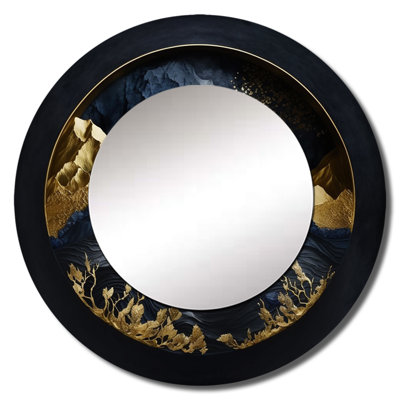 Olutomi Gold Frosted River And Mountain II - Forest River Mountains Large Wall Mirror, Blue Round Decorative Mirror, Printed Metal Art