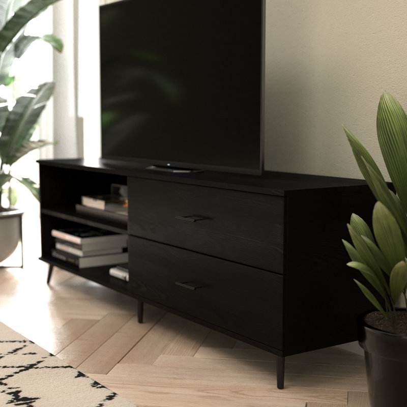65" Mid Century Modern TV Stand for up to 60" TV's with Adjustable Shelf and Storage Drawers, Black