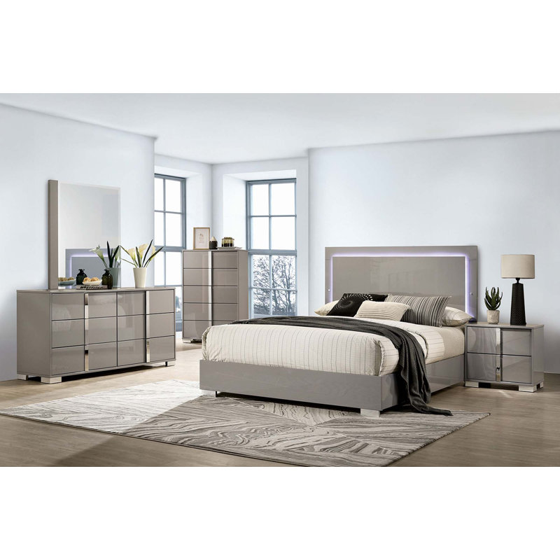 Lit 1Pc avec tête de lit à DEL avec finition UV et chambre à coucher (seulement lit), Très grand, Taupe