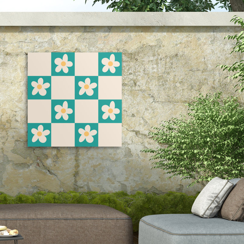 Rachel Hallquist Daisy Checks Aqua Outdoor  Canvas, 14" H x 14" W